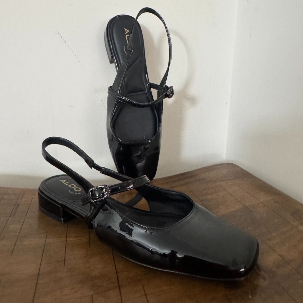 ALDO Black Patent Slingback Mary Jane Flats Women Size 6.5 Square Toe Buckle